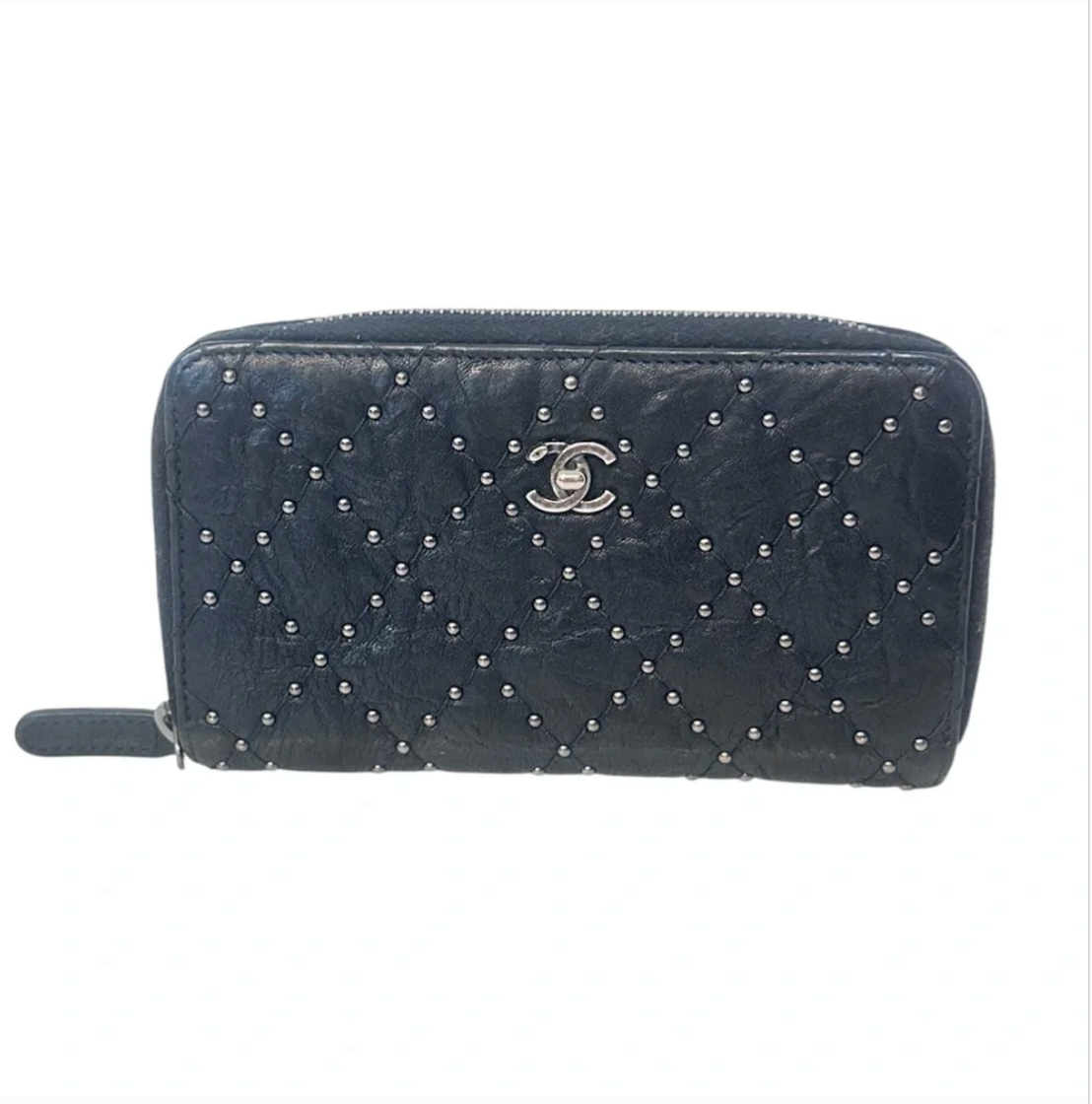 CHANEL Black Quilted Studded Medium Zippy Wallet