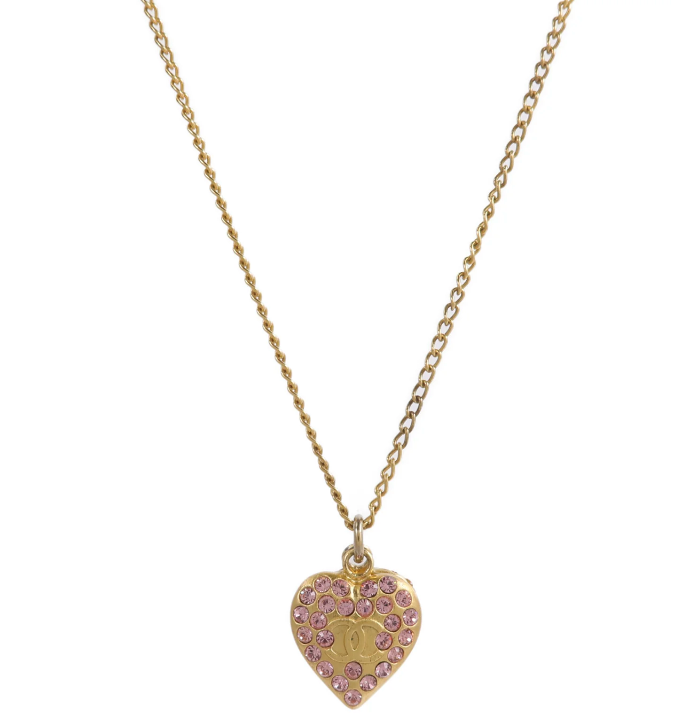 Chanel Vintage CC Pink Rhinestone Heart Necklace