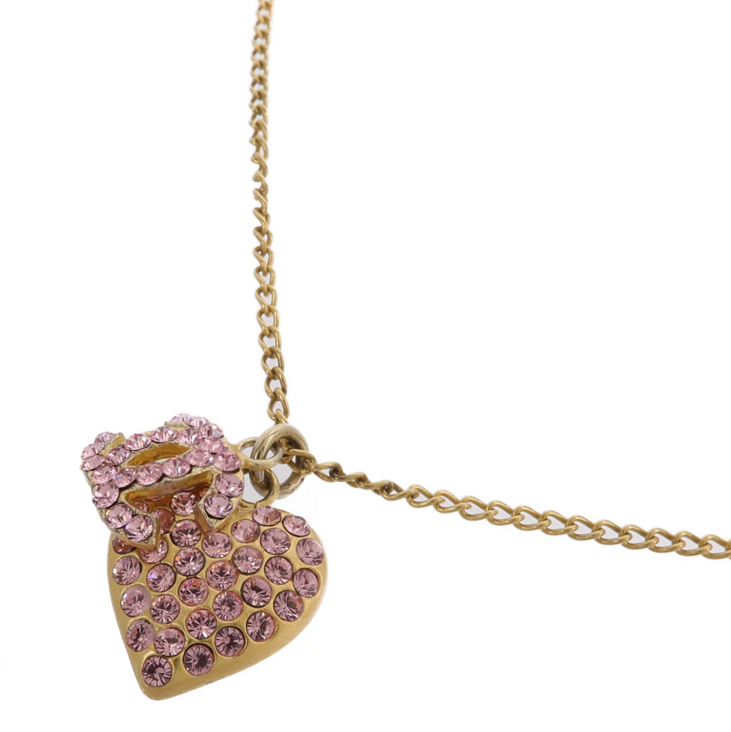 Chanel Vintage CC Pink Rhinestone Heart Necklace