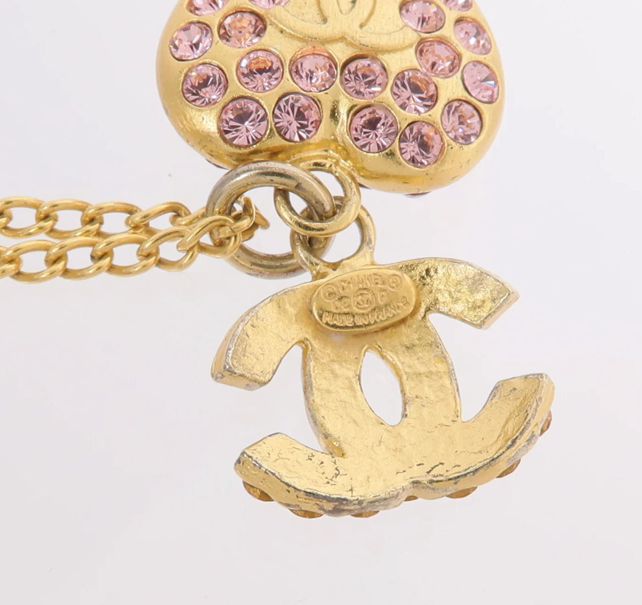 Chanel Vintage CC Pink Rhinestone Heart Necklace