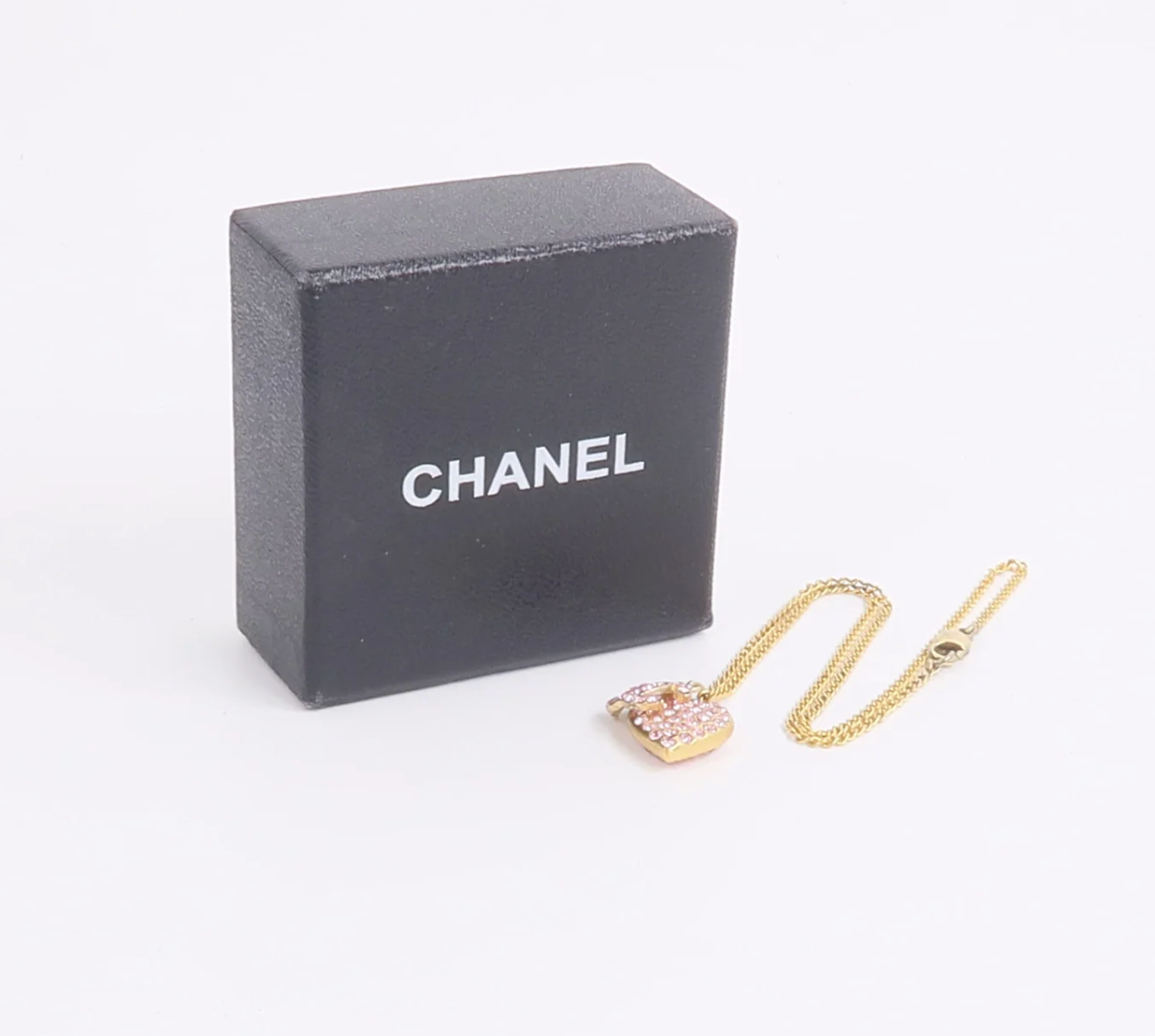 Chanel Vintage CC Pink Rhinestone Heart Necklace