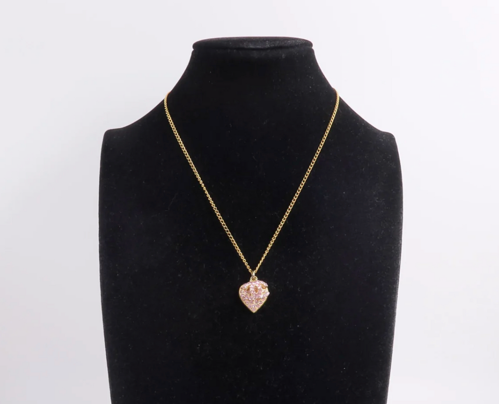 Chanel Vintage CC Pink Rhinestone Heart Necklace