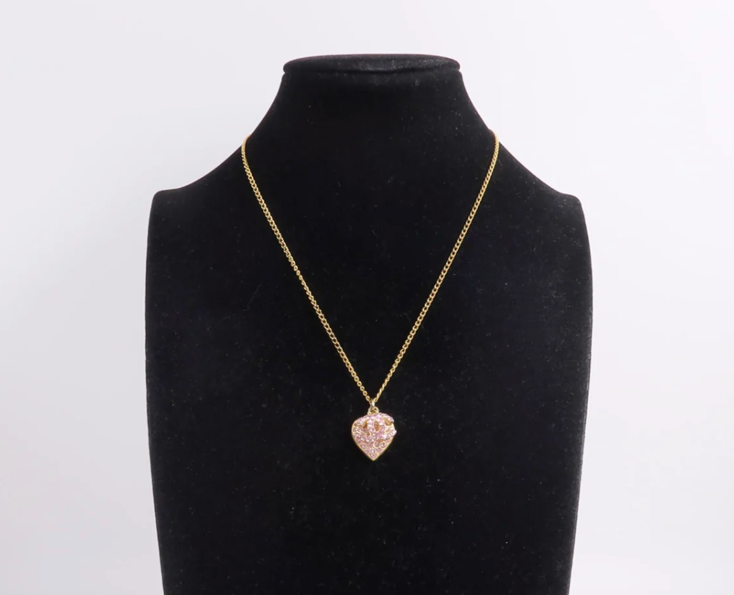 Chanel Vintage CC Pink Rhinestone Heart Necklace